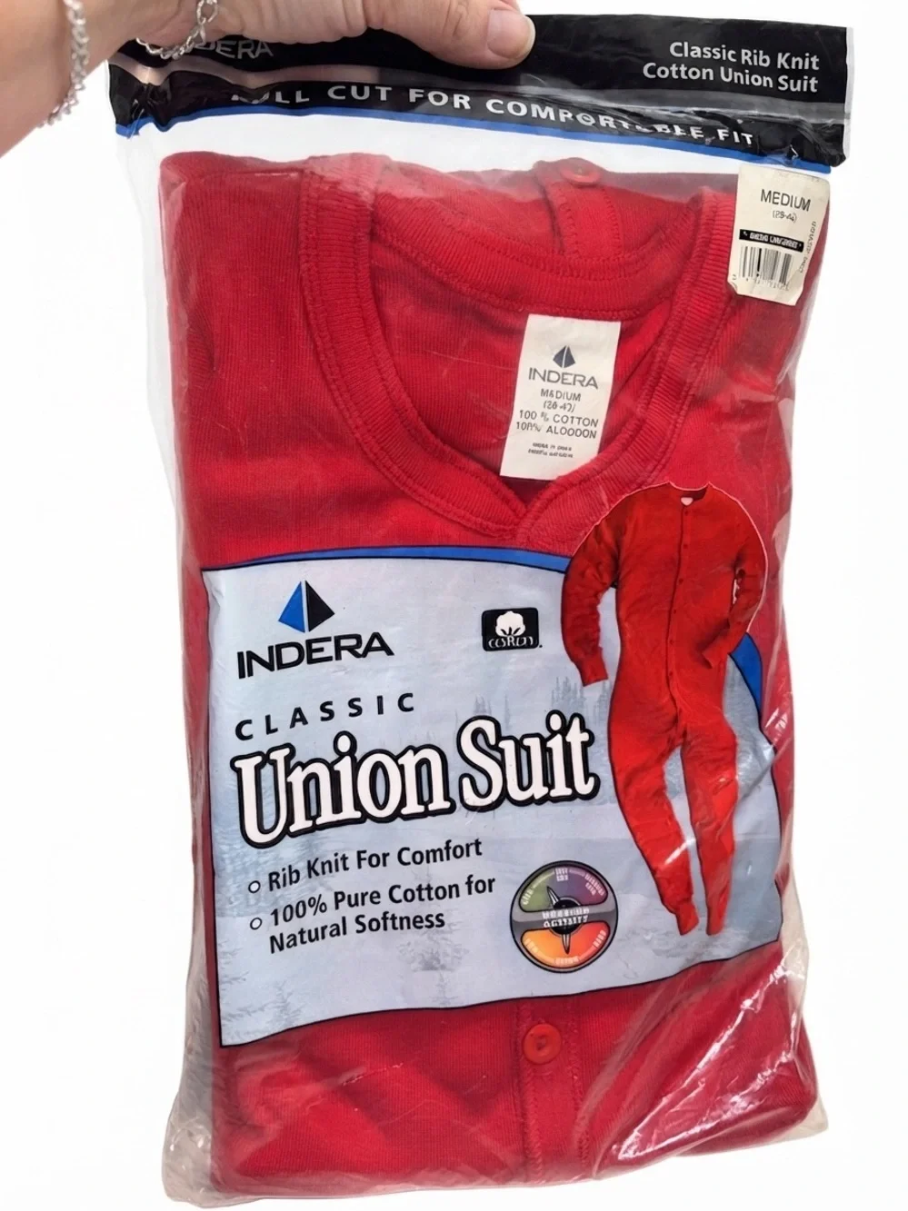 Indera classic red rib-knit cotton union suit comfortable one-piece suit medium